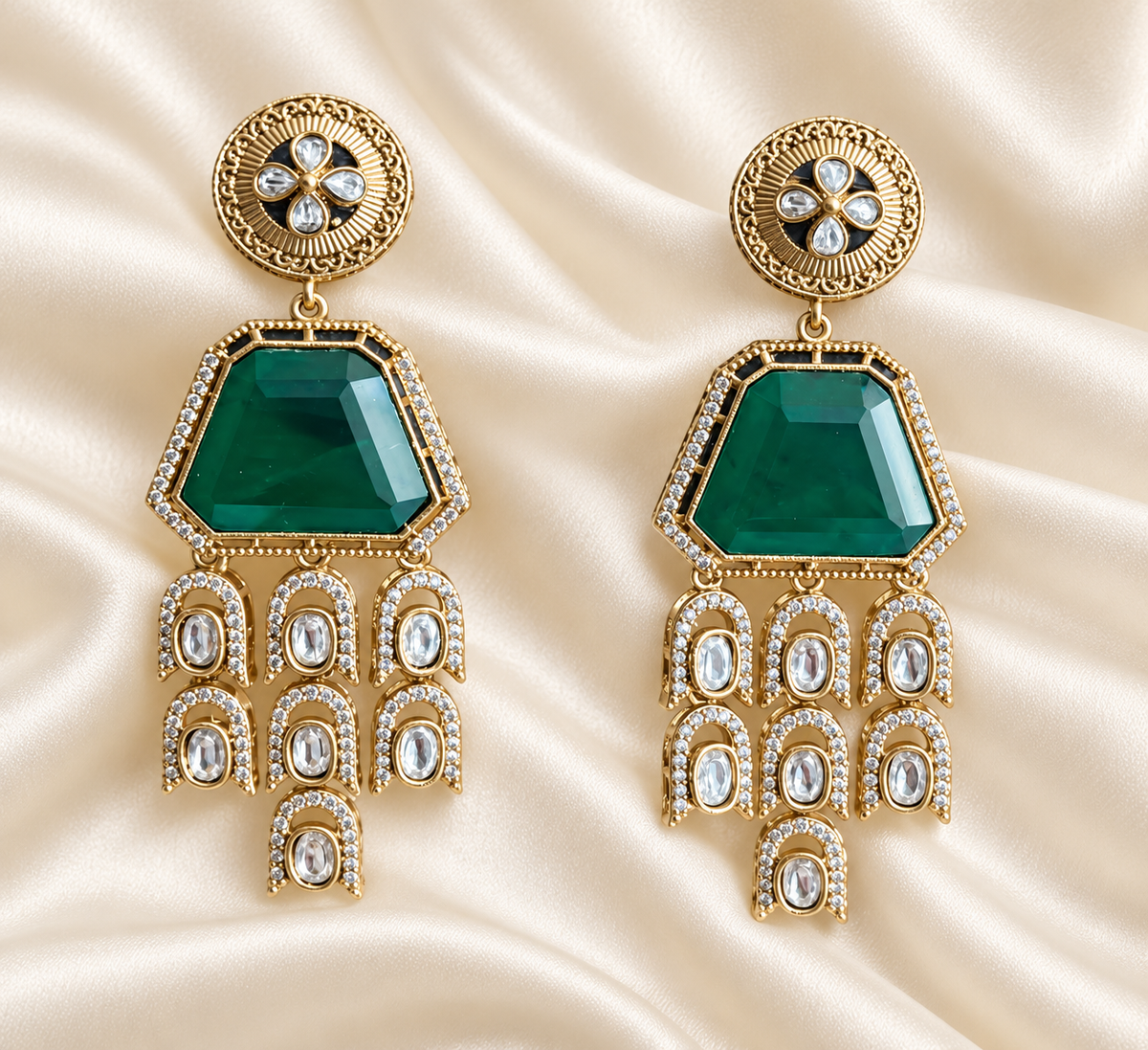 Fusion Green Trapezoid Drop Earrings — AI-styled studio view; compare with original photograph