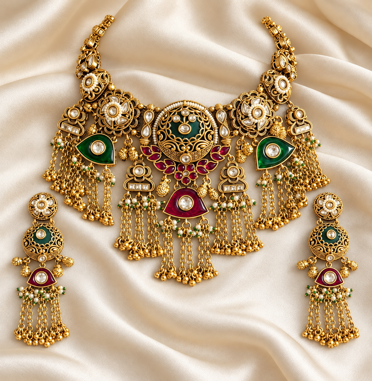 Heritage Green & Red Medallion Choker Set — AI-styled studio view; compare with original photograph