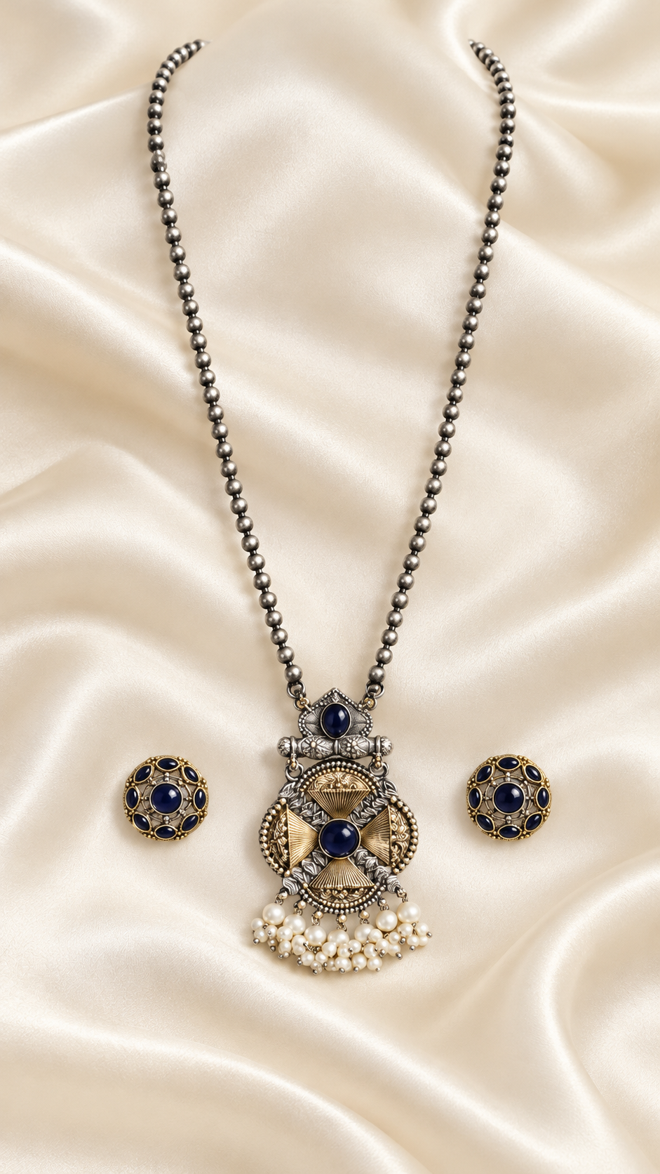 Fusion Blue Pendant Black Bead Set — AI-styled studio view; compare with original photograph