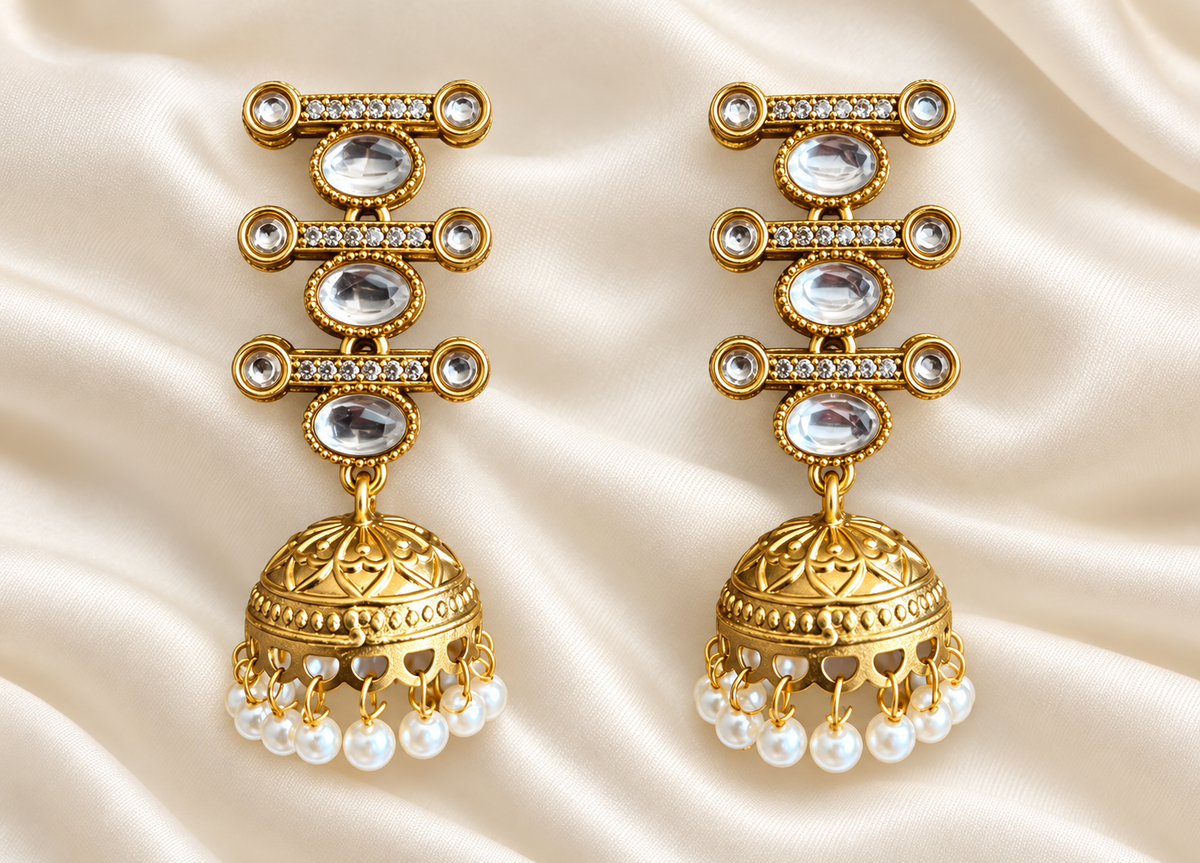 Fusion Clear Stone Link Jhumka Earrings — AI-styled studio view; compare with original photograph