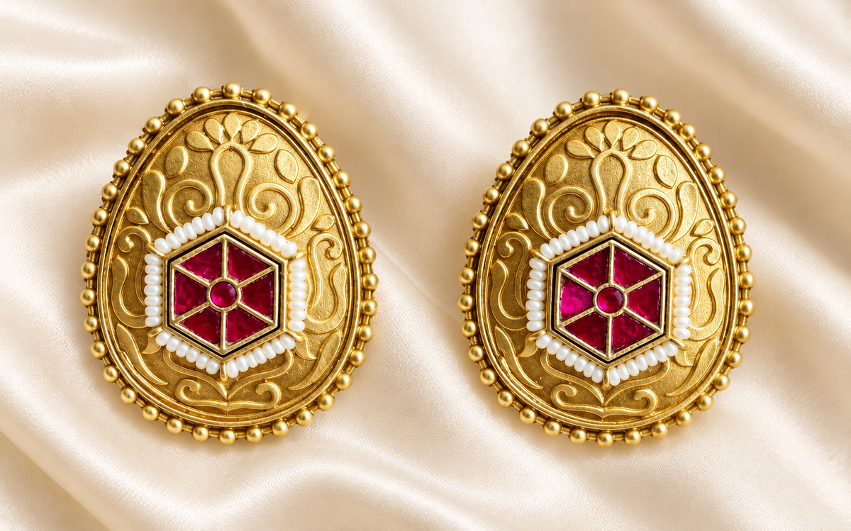 Fusion Red Geometric Oval Stud Earrings — AI-styled studio view; compare with original photograph