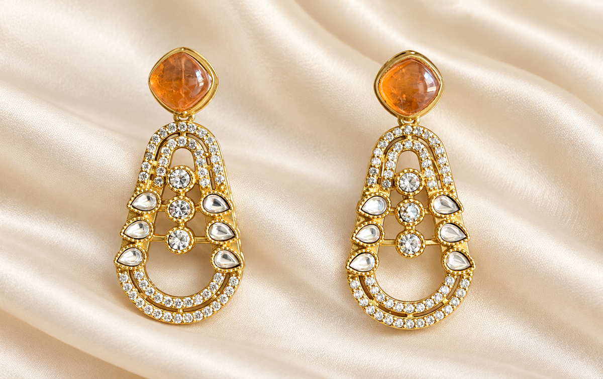 Fusion Amber Oval Drop Earrings — AI-styled studio view; compare with original photograph
