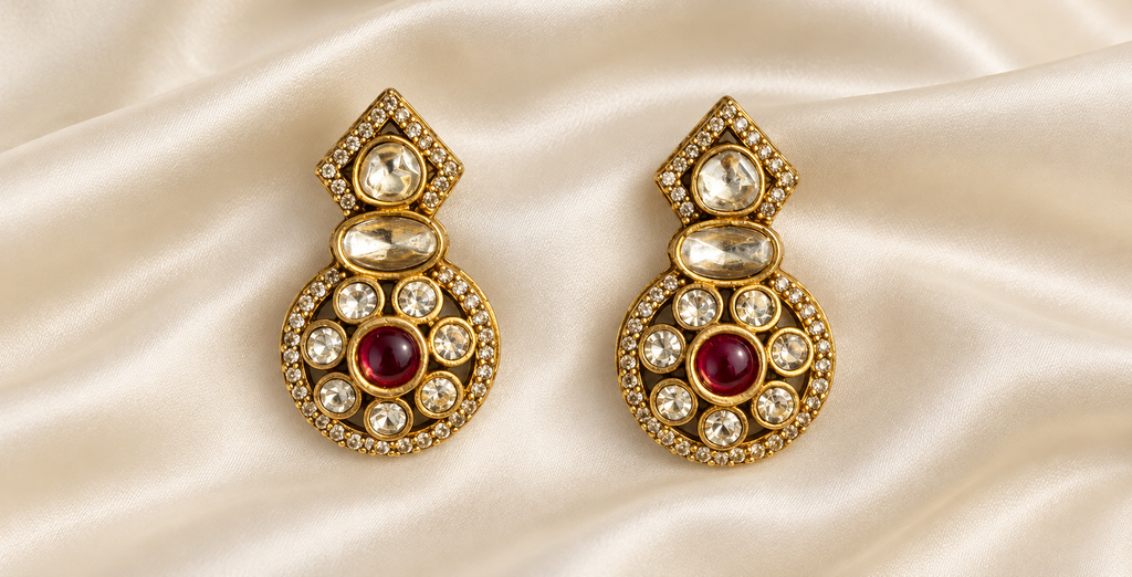 Fusion Red Accent Peacock Stud Earrings — AI-styled studio view; compare with original photograph
