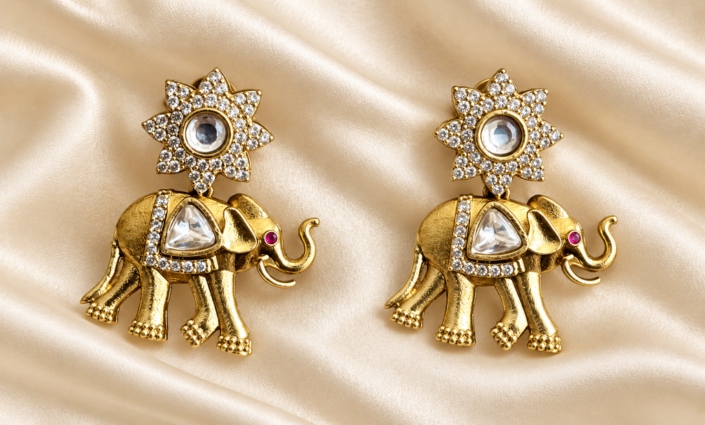 Fusion Elephant Motif Drop Earrings — AI-styled studio view; compare with original photograph