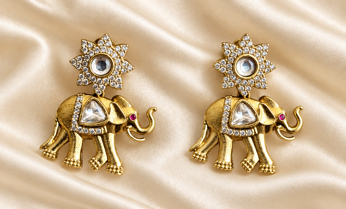 Fusion Elephant Motif Drop Earrings — AI-styled studio view; compare with original photograph