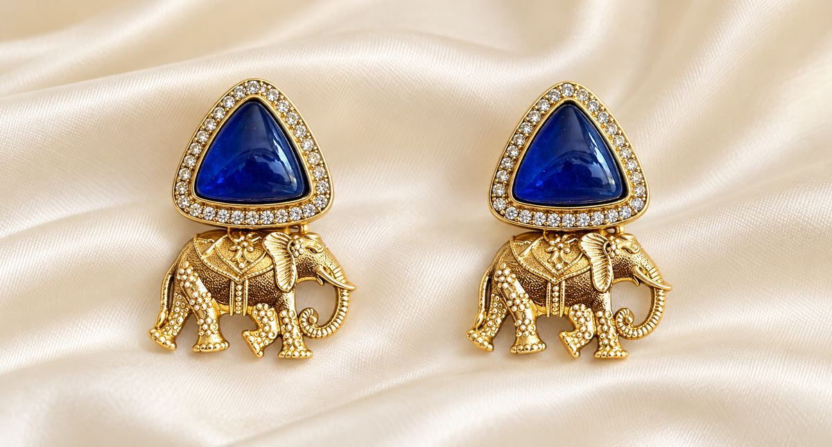 Fusion Blue Triangle Elephant Earrings — AI-styled studio view; compare with original photograph