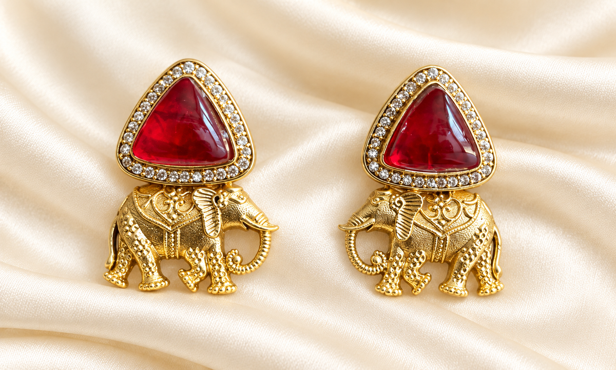 Fusion Red Triangle Elephant Earrings — AI-styled studio view; compare with original photograph