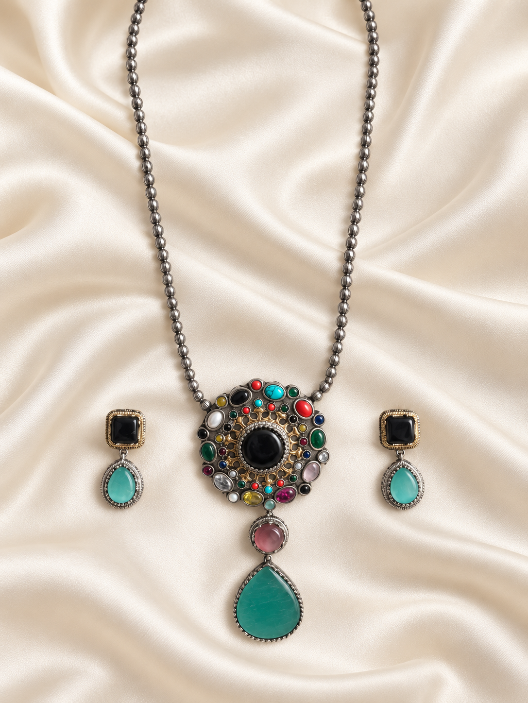 Fusion Green Teardrop Long Pendant Set — AI-styled studio view; compare with original photograph