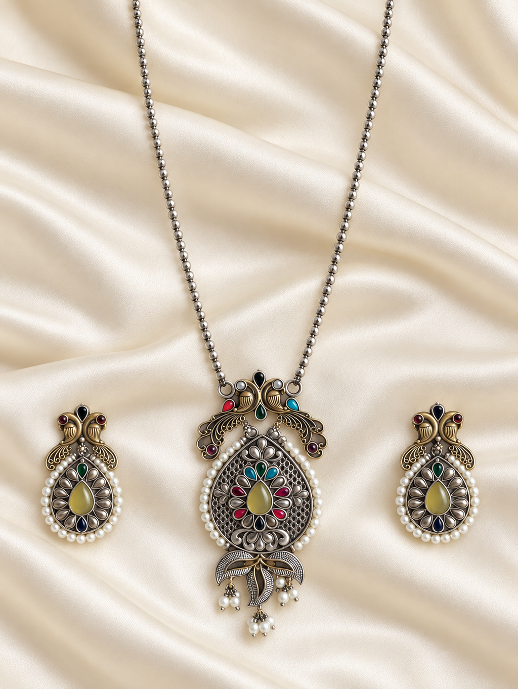 Fusion Filigree Long Pendant Set — AI-styled studio view; compare with original photograph