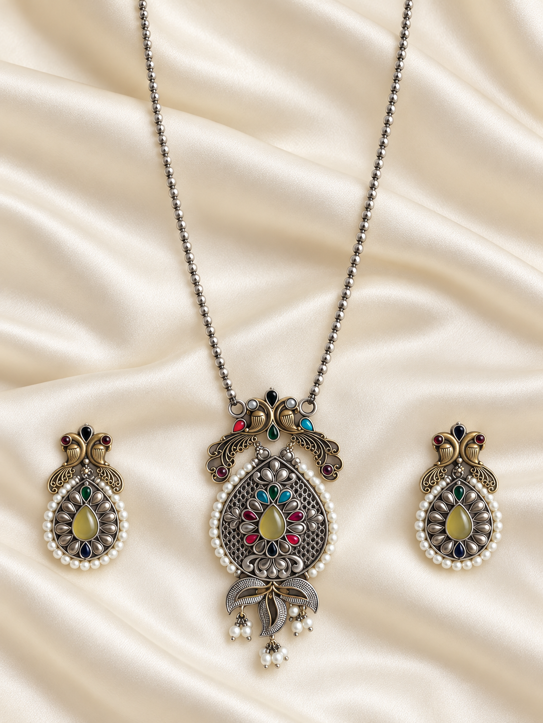 Fusion Filigree Long Pendant Set — AI-styled studio view; compare with original photograph