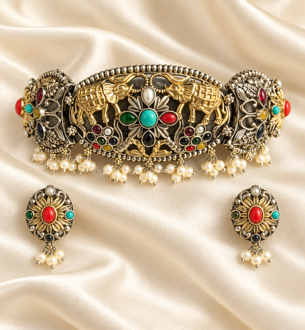 Fusion Multicolour Filigree Choker Set — AI-styled studio view; compare with original photograph