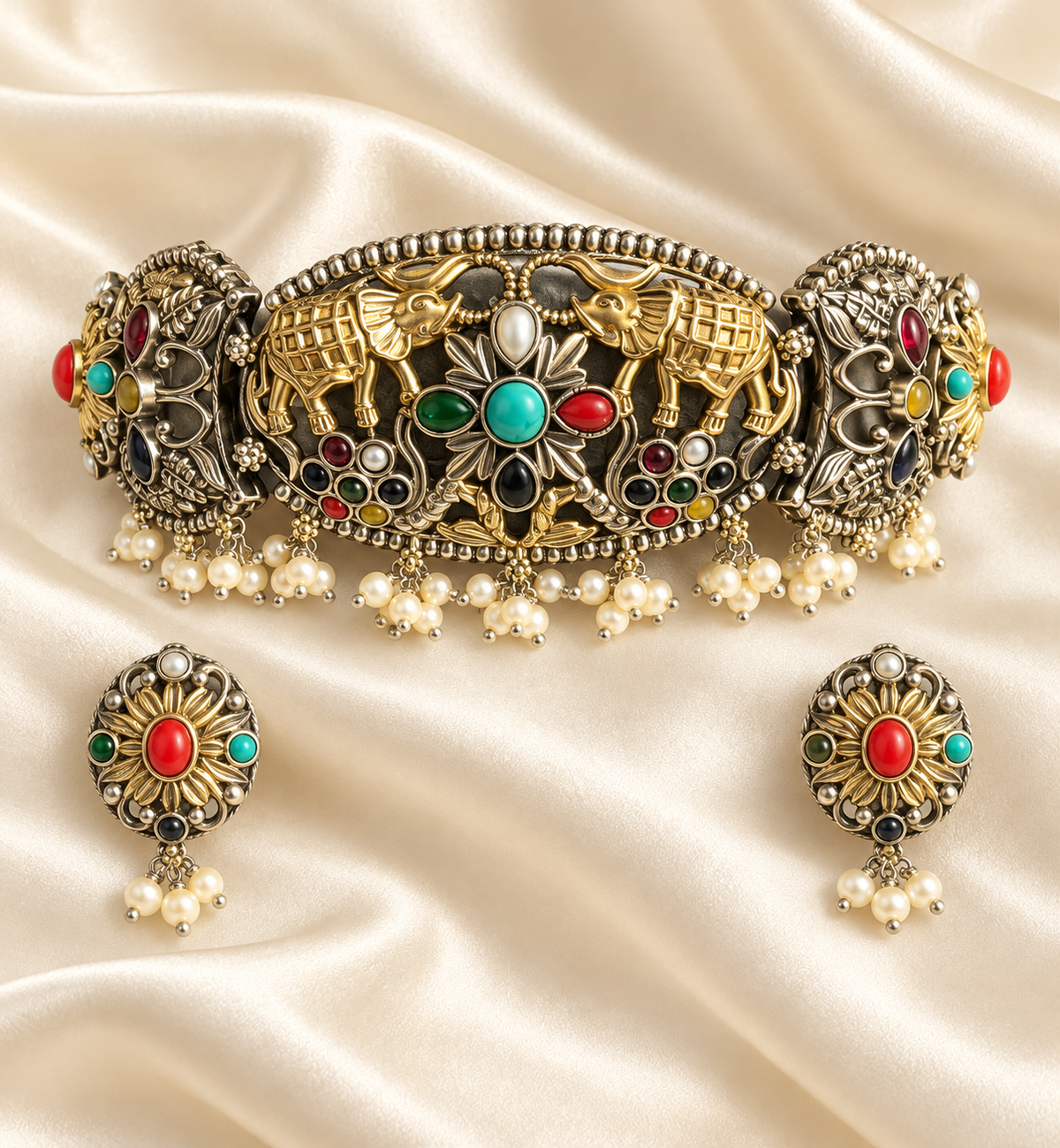 Fusion Multicolour Filigree Choker Set — AI-styled studio view; compare with original photograph