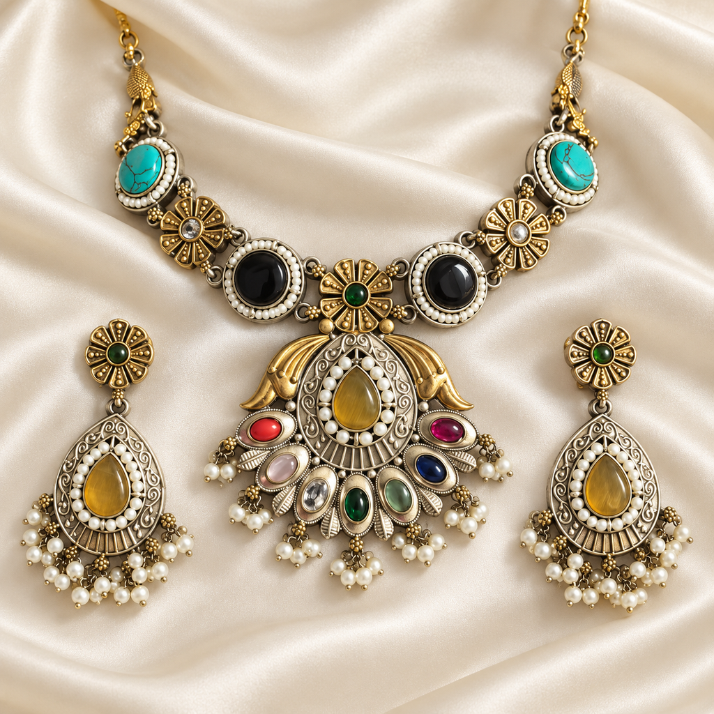 Fusion Yellow & Green Pendant Necklace Set — AI-styled studio view; compare with original photograph