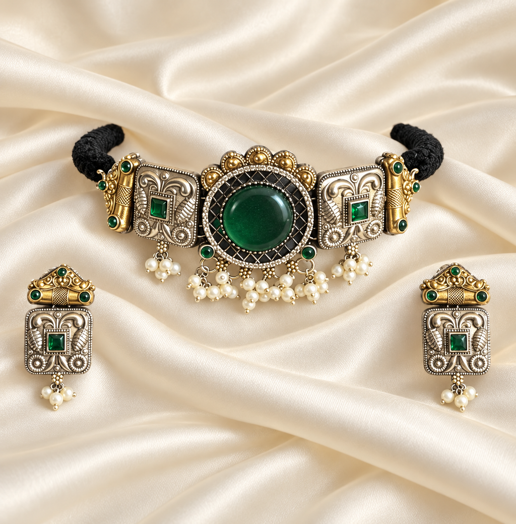 Fusion Green Round Panel Choker Set — AI-styled studio view; compare with original photograph