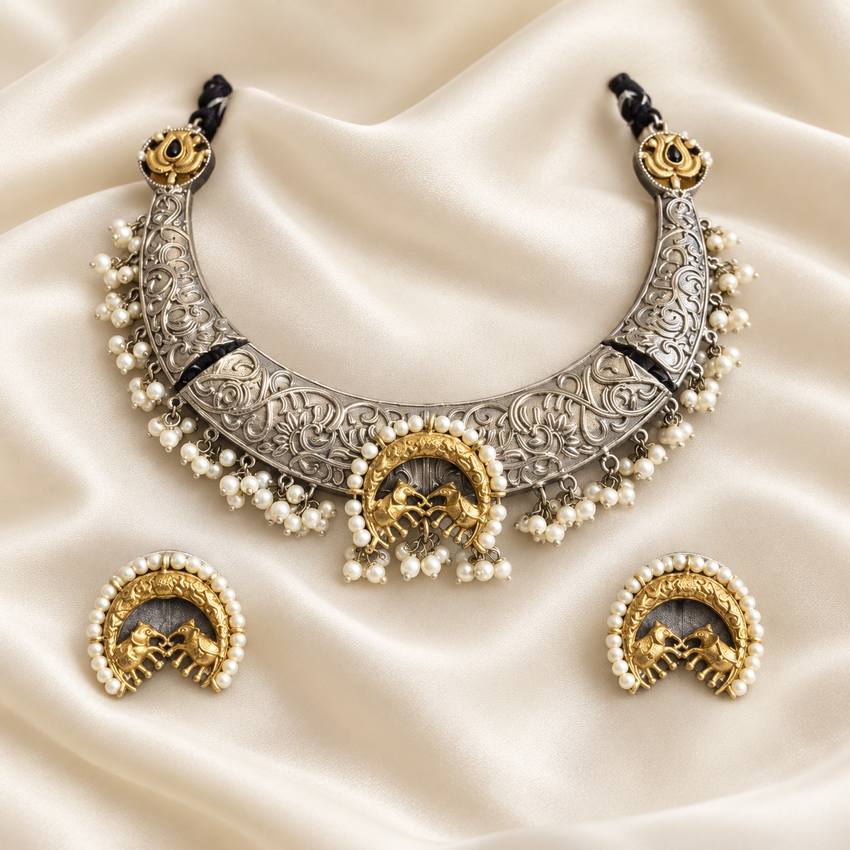 Fusion Silver-Tone Engraved Necklace Set — AI-styled studio view; compare with original photograph