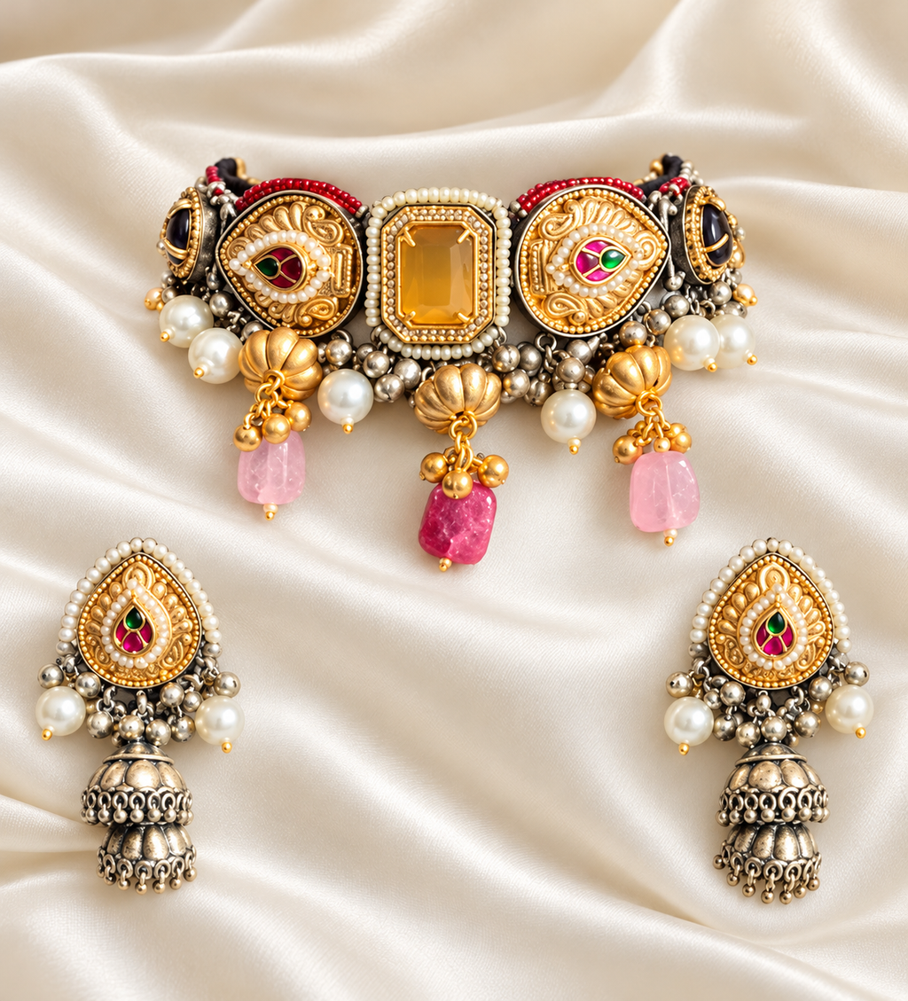 Fusion Pink Tassel Panel Choker Set — AI-styled studio view; compare with original photograph