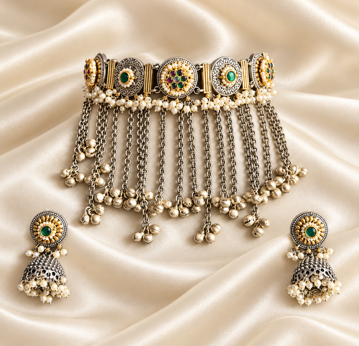 Fusion Silver-Tone Chain Fringe Choker Set — AI-styled studio view; compare with original photograph