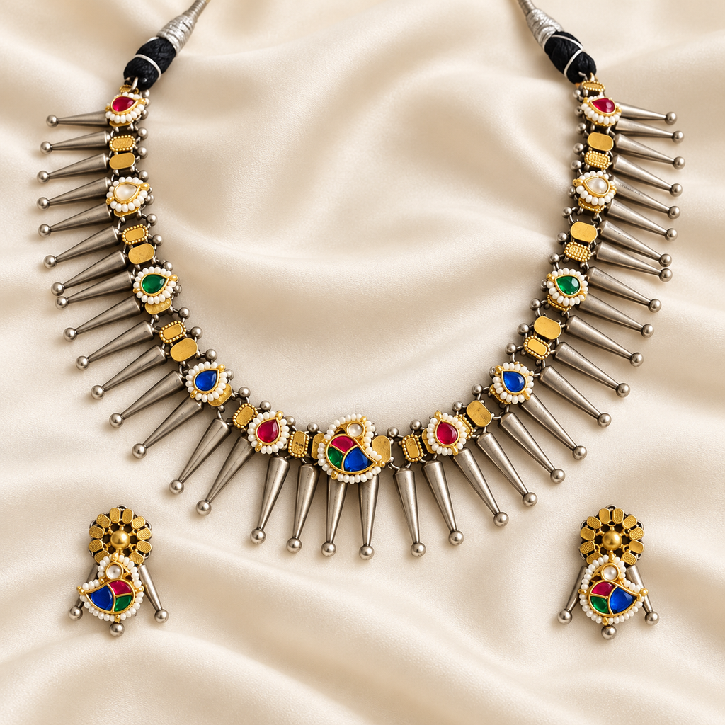 Fusion Multicolour Spike Necklace Set — AI-styled studio view; compare with original photograph