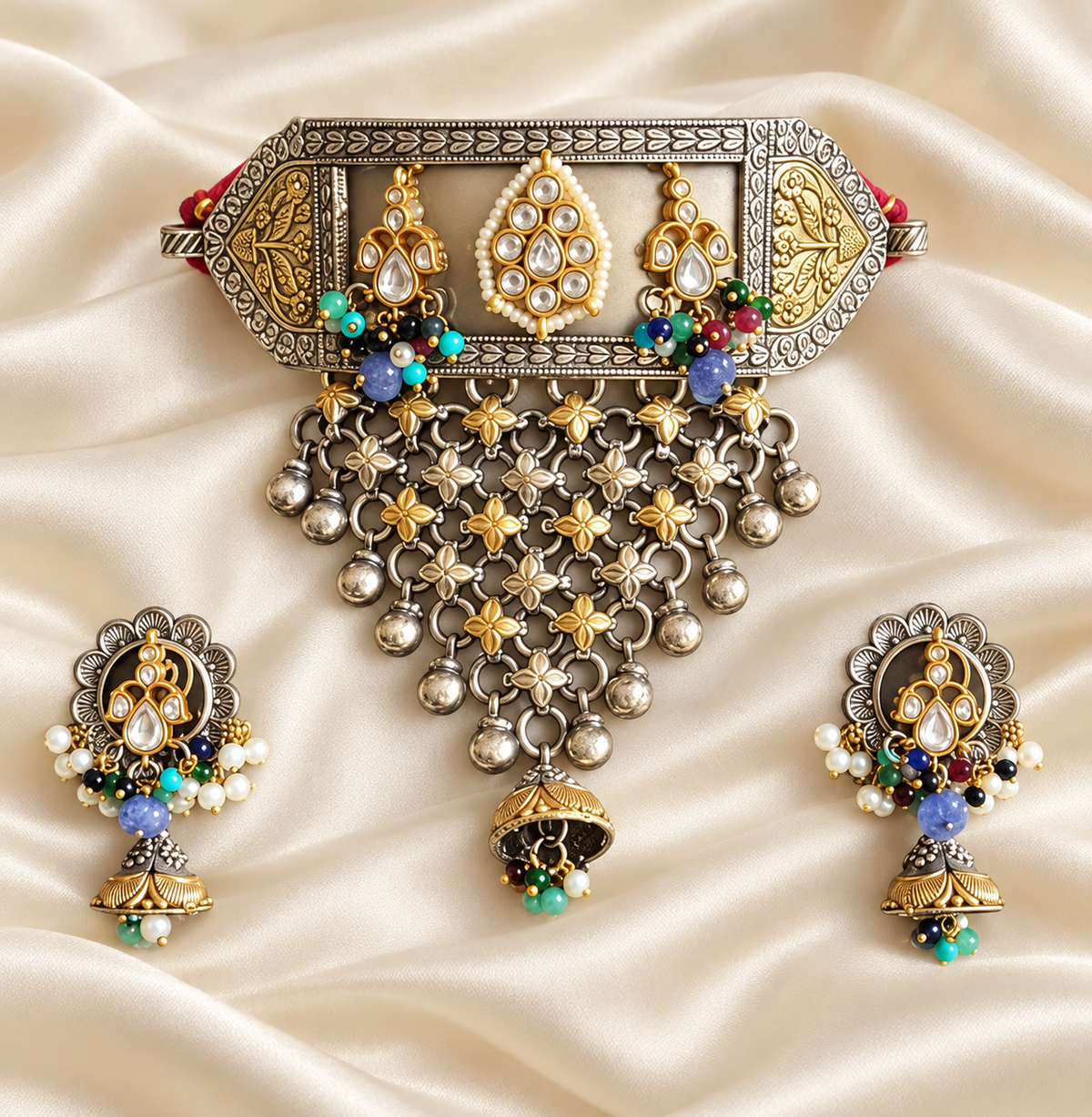 Fusion Layered Lattice Choker Set — AI-styled studio view; compare with original photograph
