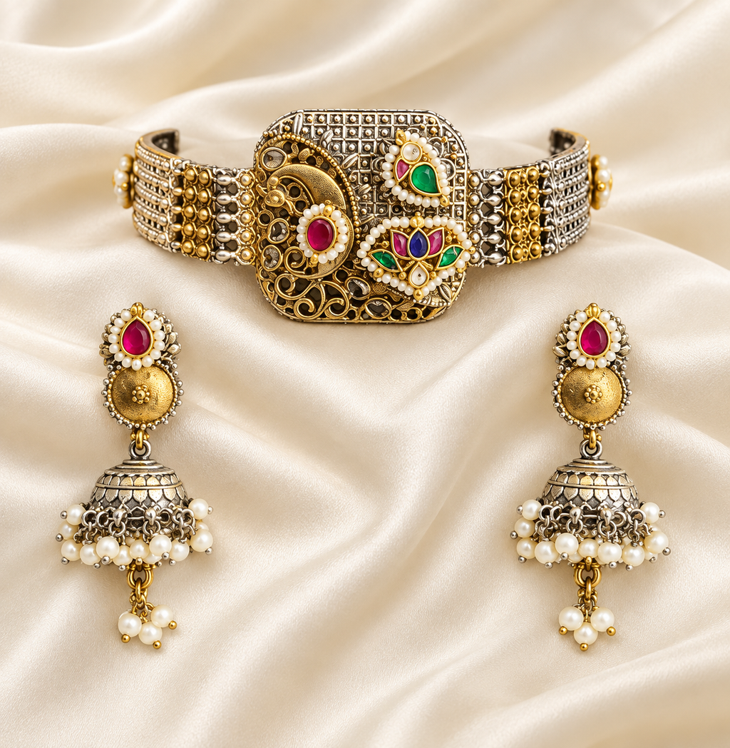 Fusion Red & Green Oval Choker Set — AI-styled studio view; compare with original photograph