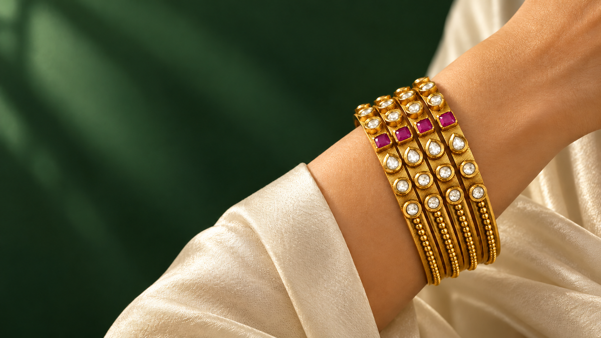 Antique Floral Stone Bangle Set — AI-styled campaign illustration with four bangles