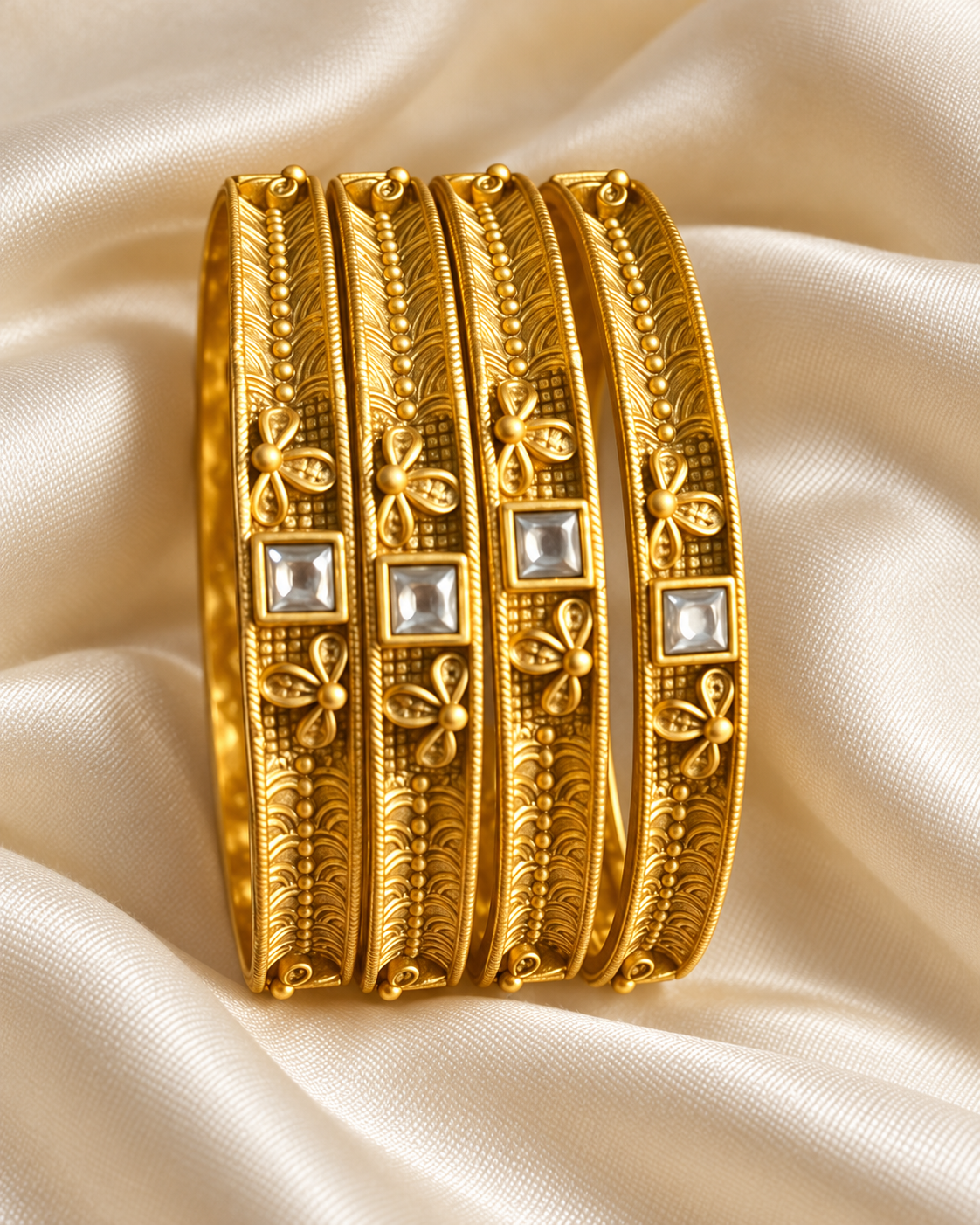 Kundan Square Stone Vine Bangle Set — AI-styled studio view; illustrative, compare original product photograph