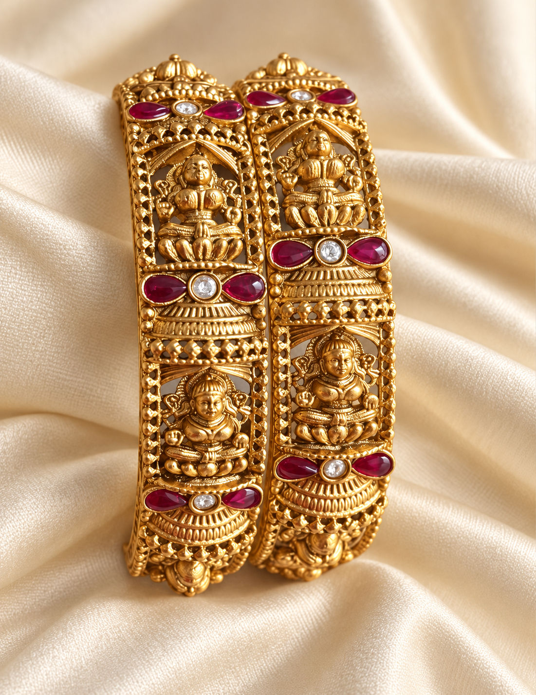 Kundan Temple Figure Red Accent Bangle Set — AI-styled studio view; illustrative, compare original product photograph