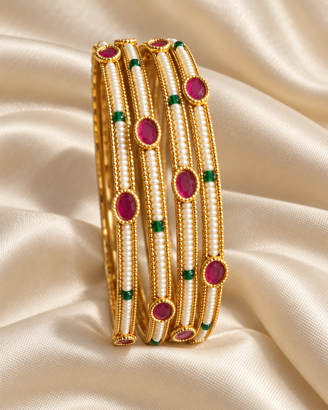 Kundan Fine Bead Pink Oval Bangle Set — AI-styled studio view; illustrative, compare original product photograph