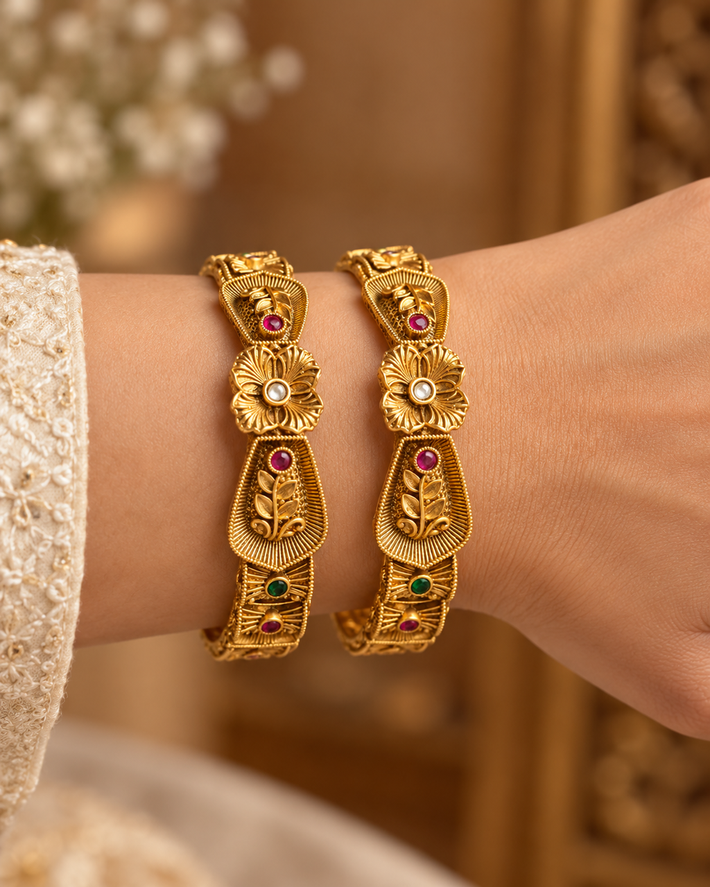 Kundan Floral Fan Red Accent Bangle Set — AI-styled wearing view; illustrative scale, compare original photograph