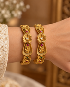 Kundan Floral Fan Red Accent Bangle Set — AI-styled wearing view; illustrative scale, compare original photograph
