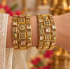 Kundan Temple Mosaic Multicolour Bangle Set — AI-styled wearing view; illustrative scale, compare original photograph