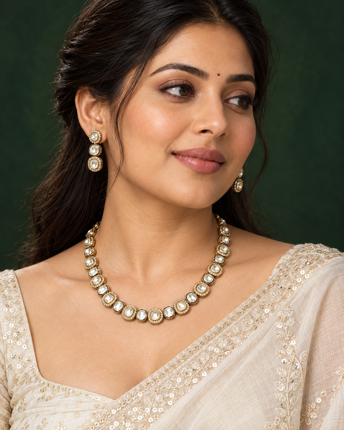 Polki-Style Clear Oval Line Necklace Set — AI-styled wearing view; illustrative scale, compare original photograph