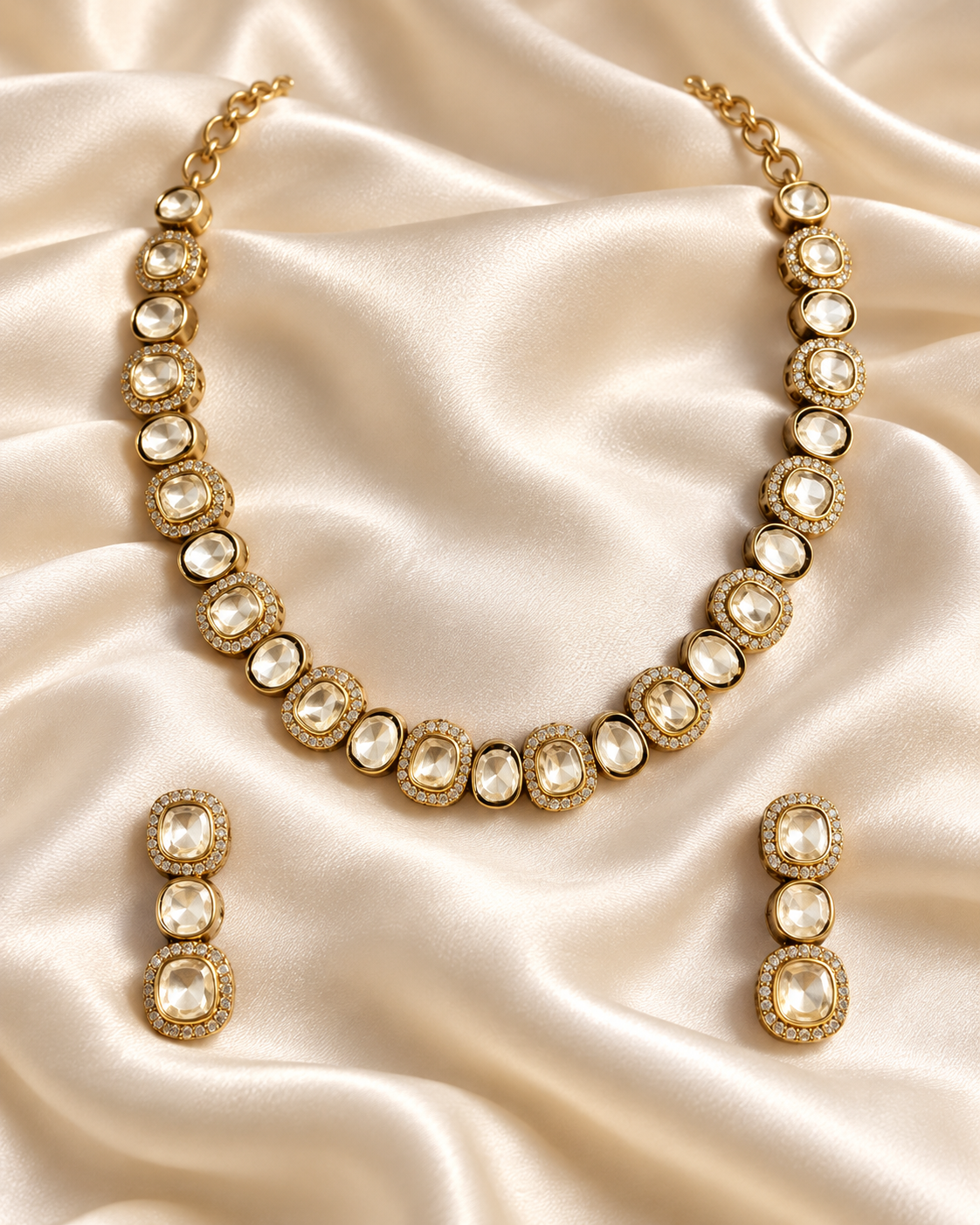 Polki-Style Clear Oval Line Necklace Set — AI-styled studio view; illustrative scale, compare original photograph