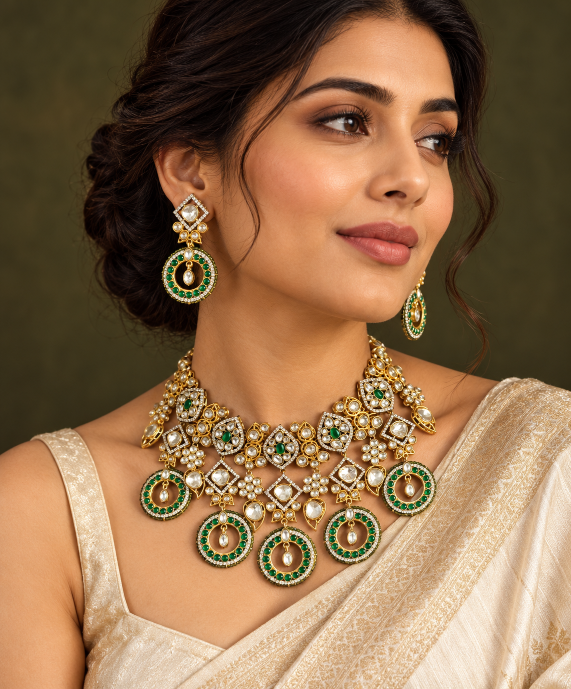 Polki-Style Green Circle Fringe Necklace Set — AI-styled wearing view; illustrative scale, compare original photograph
