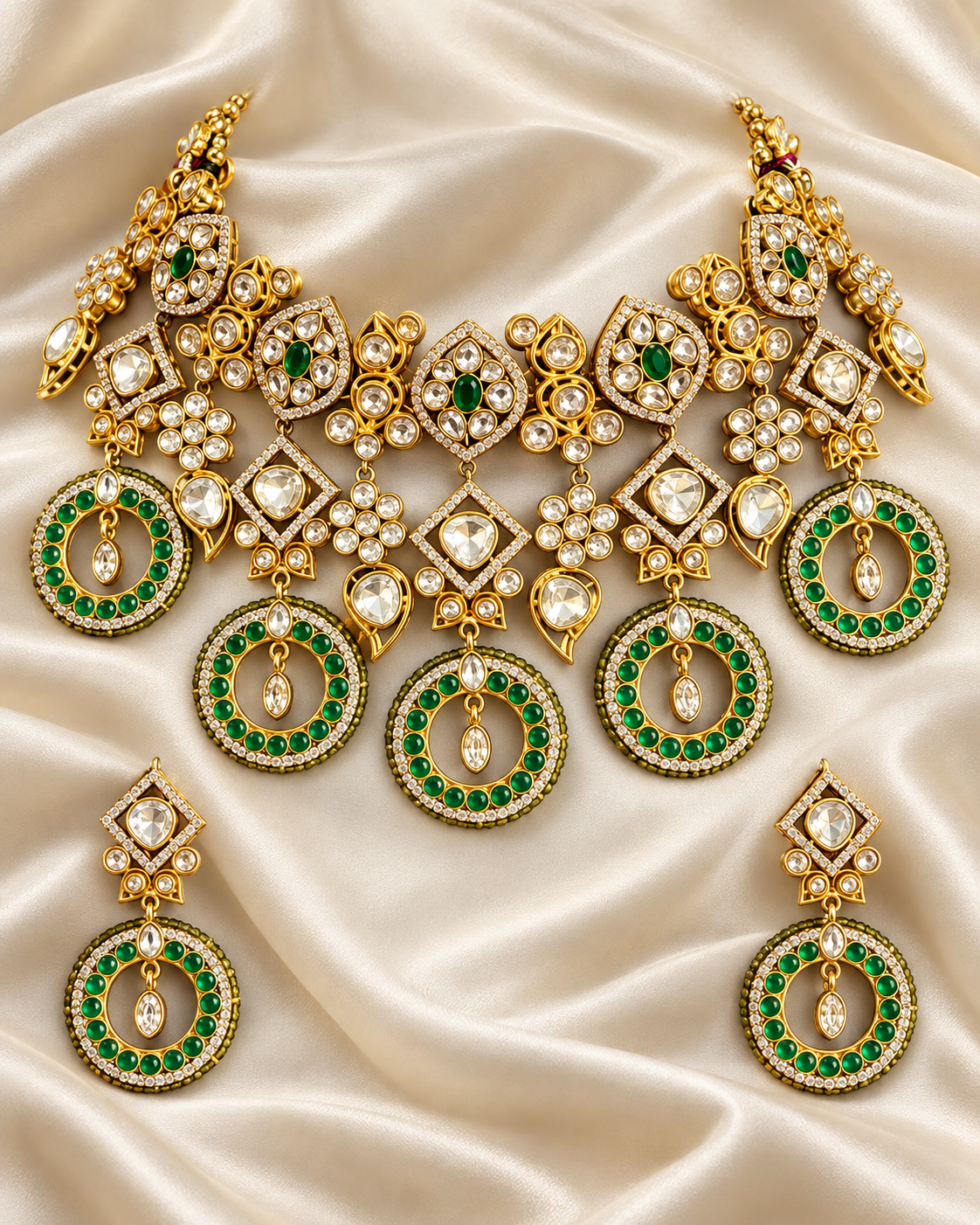 Polki-Style Green Circle Fringe Necklace Set — AI-styled studio view; illustrative scale, compare original photograph