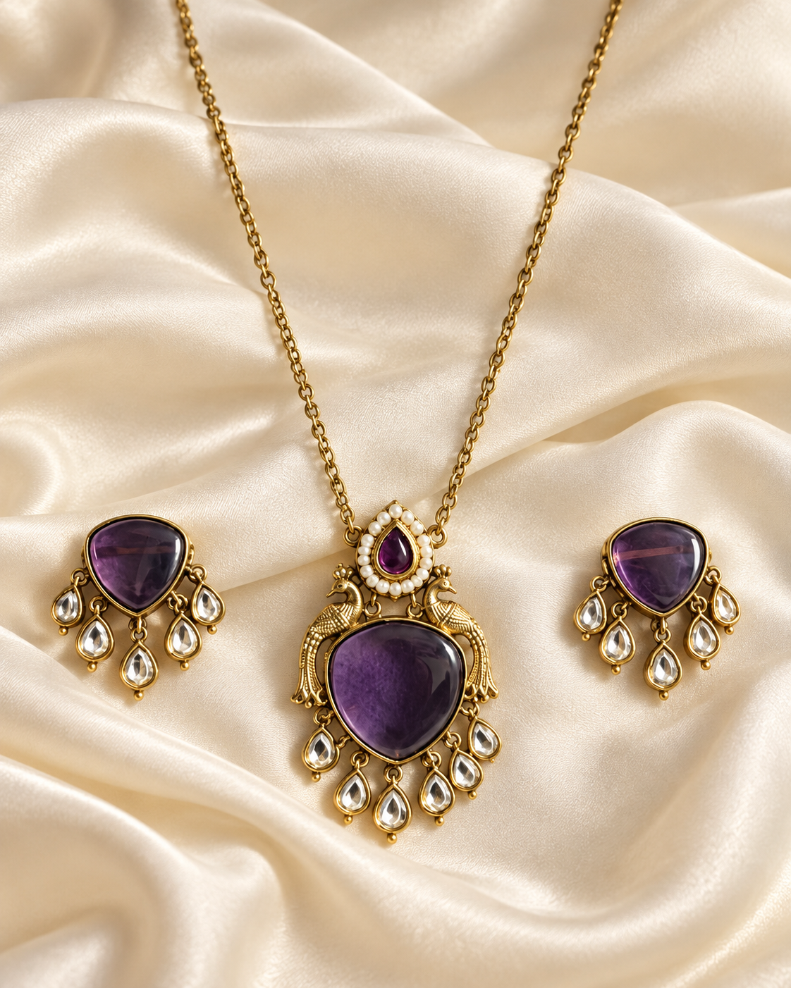Polki-Style Purple Teardrop Necklace Set — AI-styled studio view; illustrative scale, compare original photograph