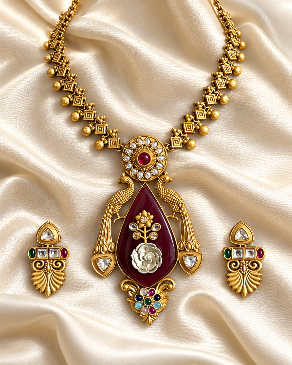 Polki-Style Red Fan Pendant Necklace Set — AI-styled studio view; illustrative scale, compare original photograph