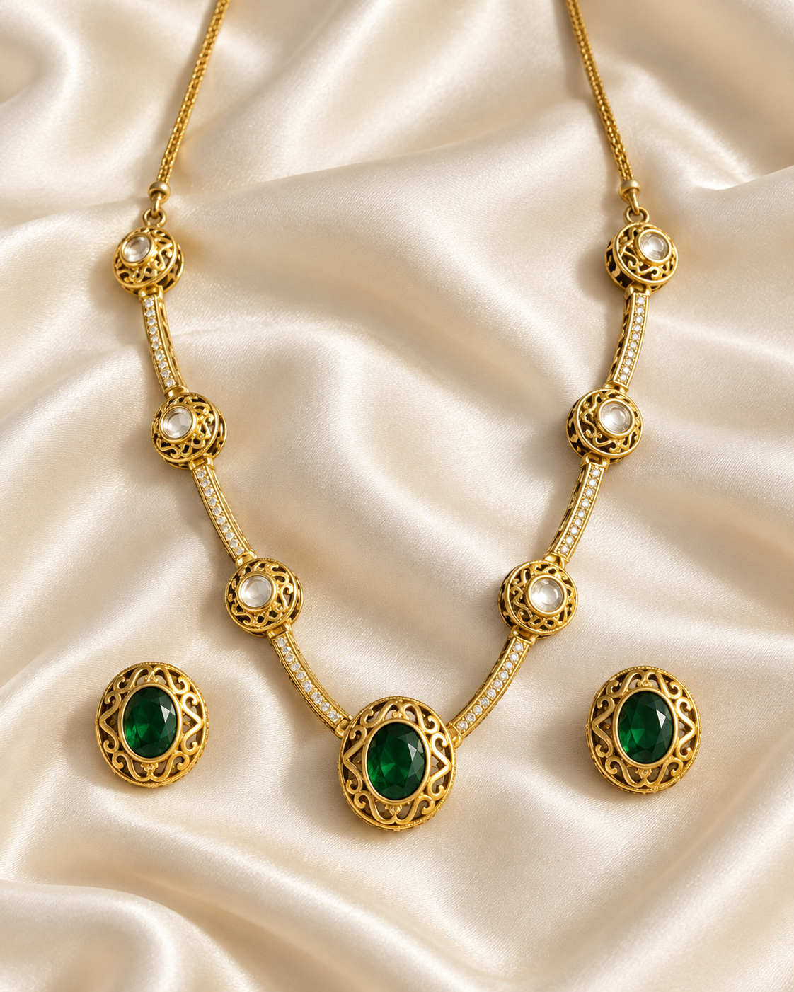 Polki-Style Green Station Necklace Set — AI-styled studio view; illustrative scale, compare original photograph