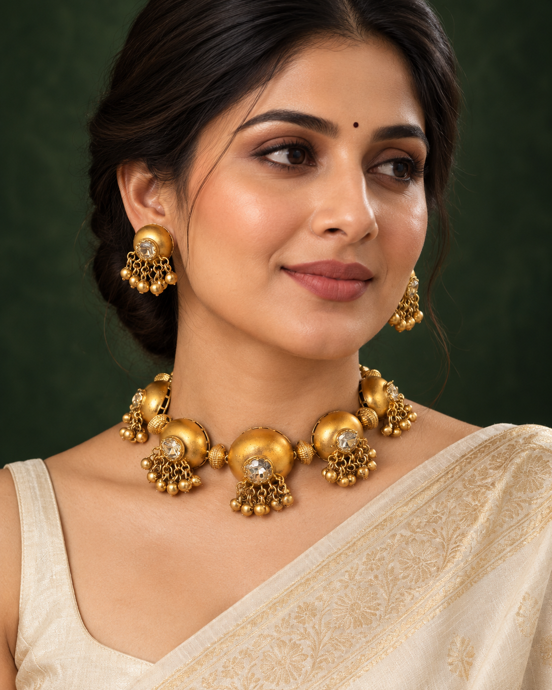 Gold-Tone Dome Fringe Necklace Set — AI-styled wearing view; illustrative scale, compare original photograph