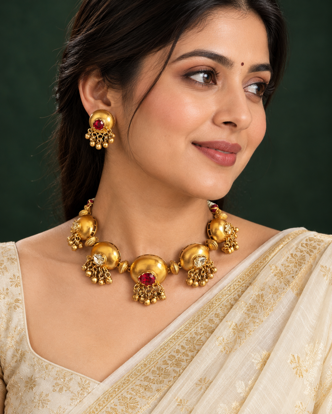 Gold-Tone Red Centre Dome Necklace Set — AI-styled wearing view; illustrative scale, compare original photograph