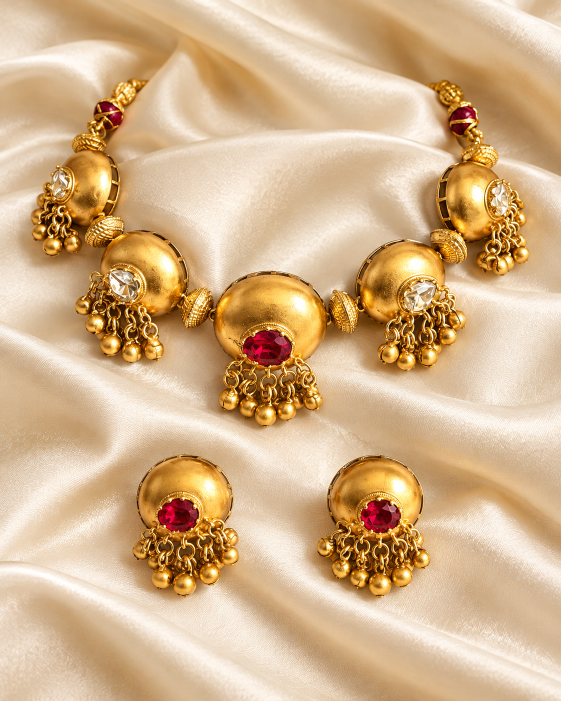 Gold-Tone Red Centre Dome Necklace Set — AI-styled studio view; illustrative scale, compare original photograph