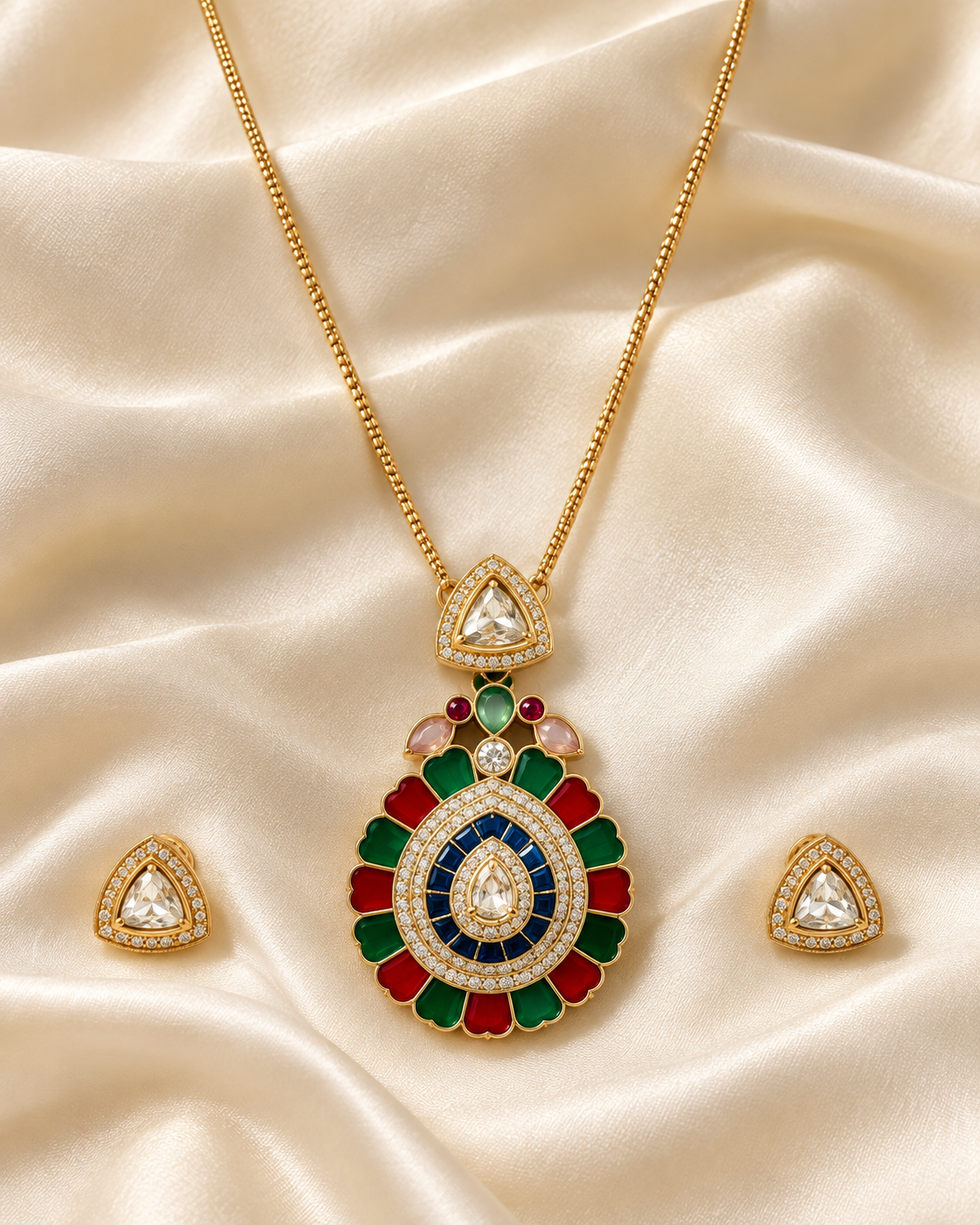 Green & Red Teardrop Pendant Necklace Set — AI-styled studio view; illustrative scale, compare original photograph