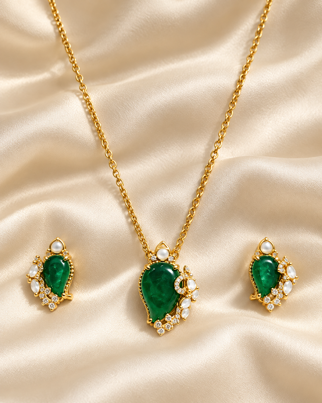 Green Oval Halo Pendant Necklace Set — AI-styled studio view; illustrative scale, compare original photograph