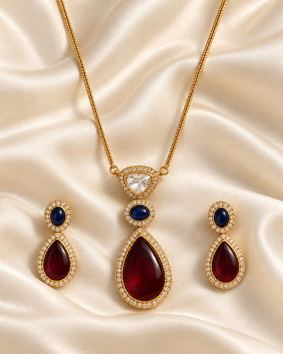 Red Teardrop Halo Pendant Necklace Set — AI-styled studio view; illustrative scale, compare original photograph