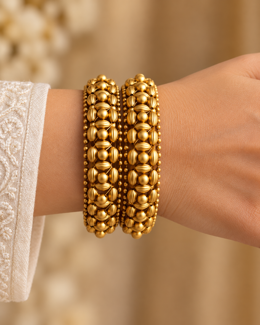 Kundan Raised Bead Bangle Set — AI-styled wearing view; illustrative scale, compare original photograph