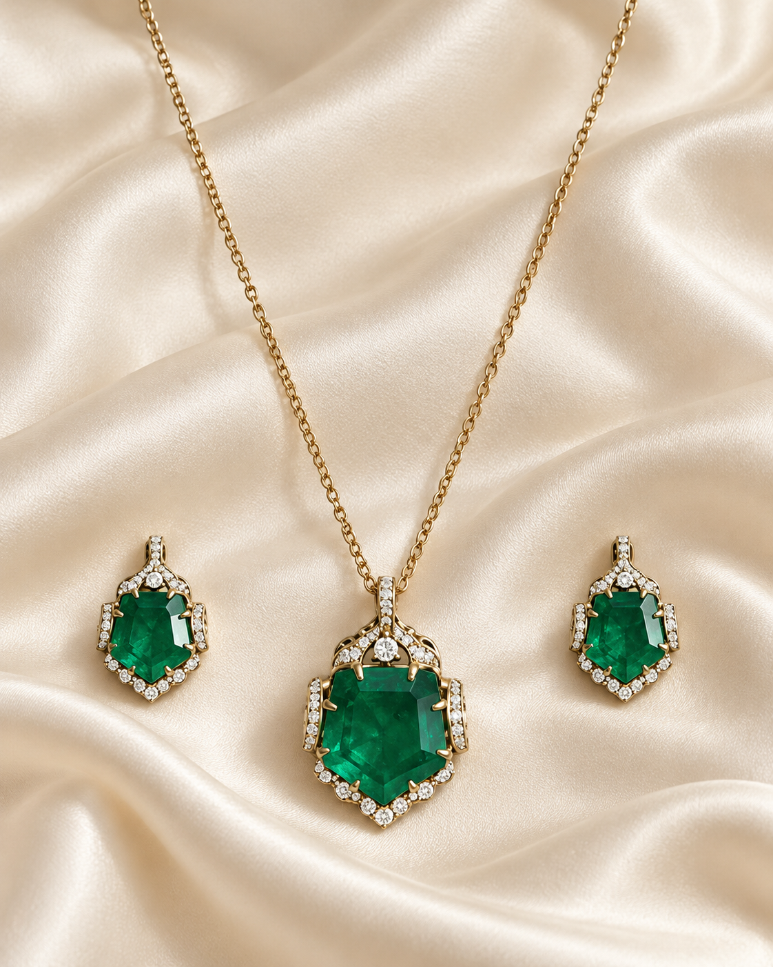 Green Drop Halo Pendant Necklace Set — AI-styled studio view; illustrative scale, compare original photograph