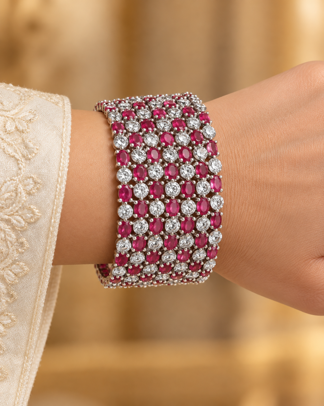 American Diamond-Style Pink Floral Bangle Set — AI-styled wearing view; illustrative scale, compare original photograph