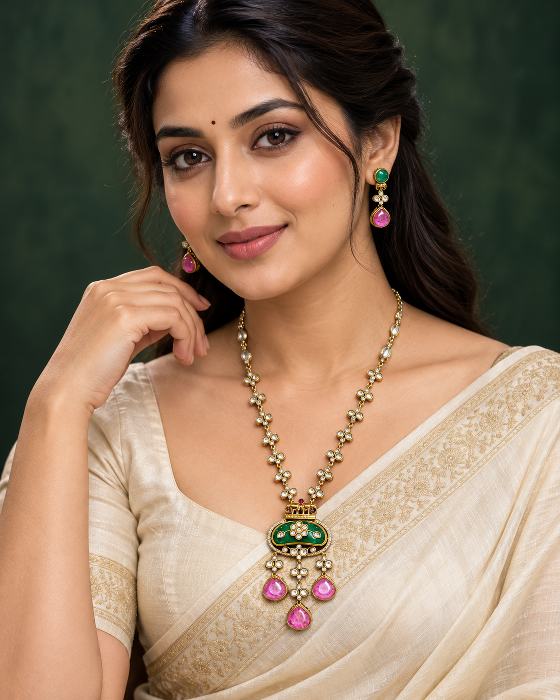Polki-Style Green & Pink Long Pendant Necklace Set — AI-styled wearing view; illustrative scale, compare original photograph