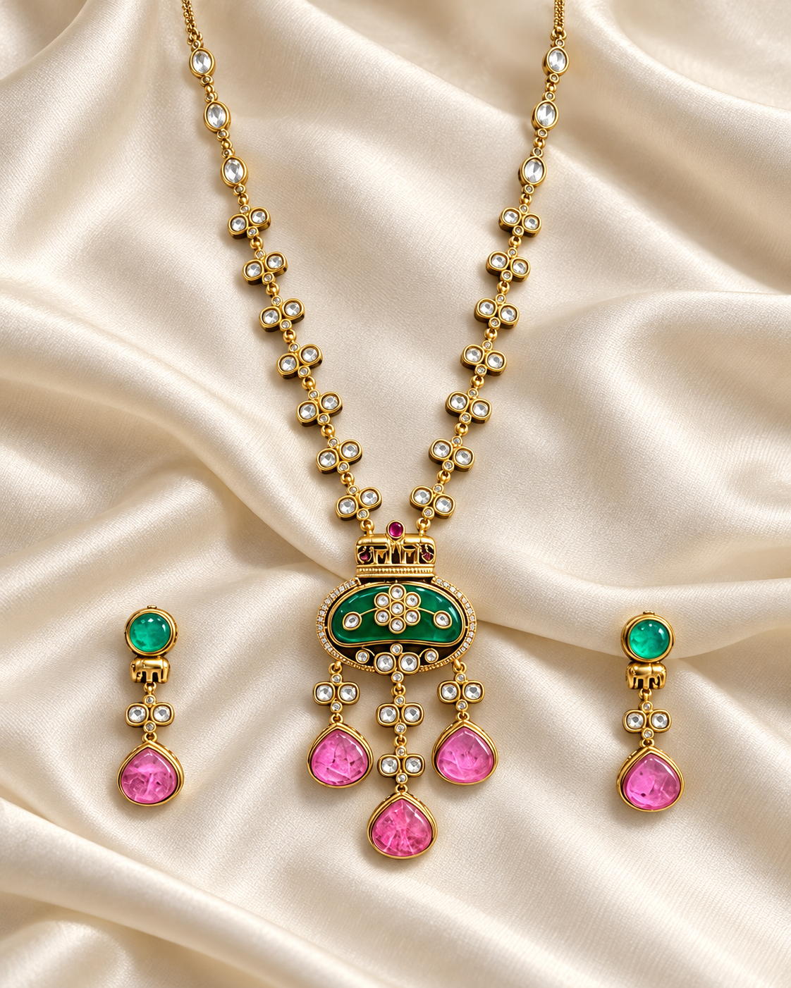 Polki-Style Green & Pink Long Pendant Necklace Set — AI-styled studio view; illustrative scale, compare original photograph