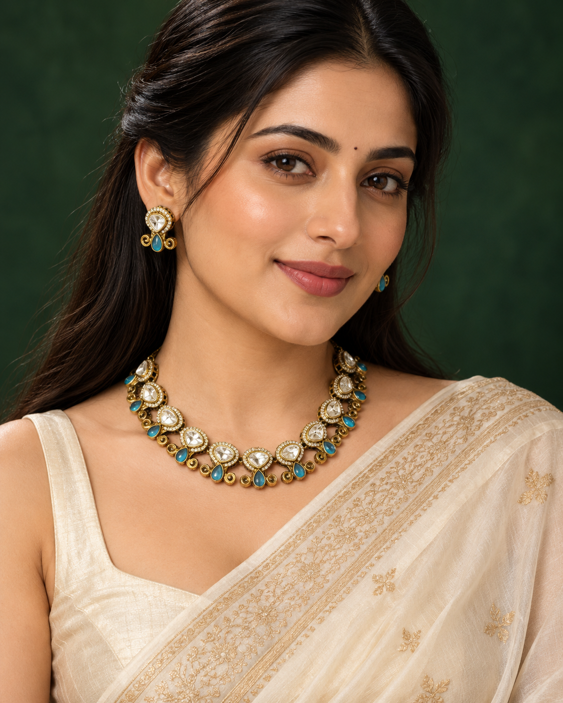 Polki-Style Clear Oval Green Accent Collar Necklace Set — AI-styled wearing view; illustrative scale, compare original photograph